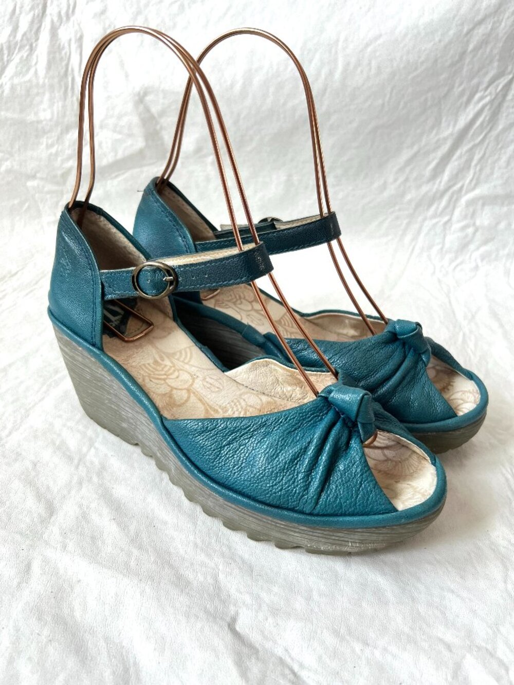Fly London sandals womens 37 6.5 7 blue leather knot ankle strap wedge platform